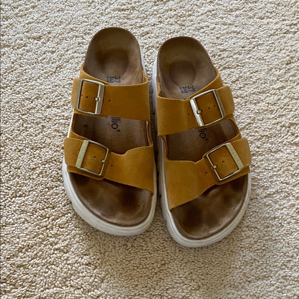Papillio Birkenstock Tan Sandals with Gold Buckles